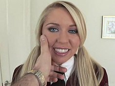 Blonde, grey eyed schoolgirl fucking in her uniform