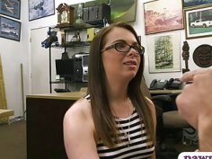 Babe with glasses railed by pawn man in the back office